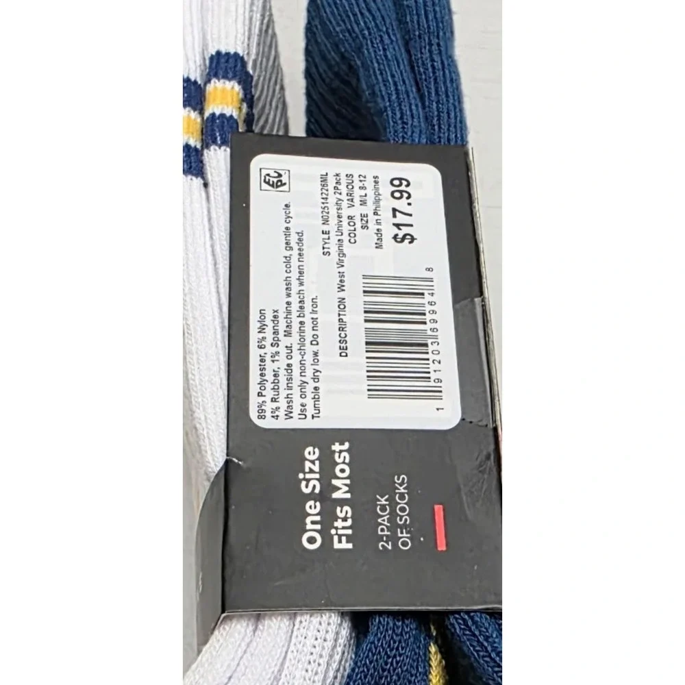 West Virginia Mountaineers WVU 2 Pairs Of Crew Socks Strideline M/L All Sports